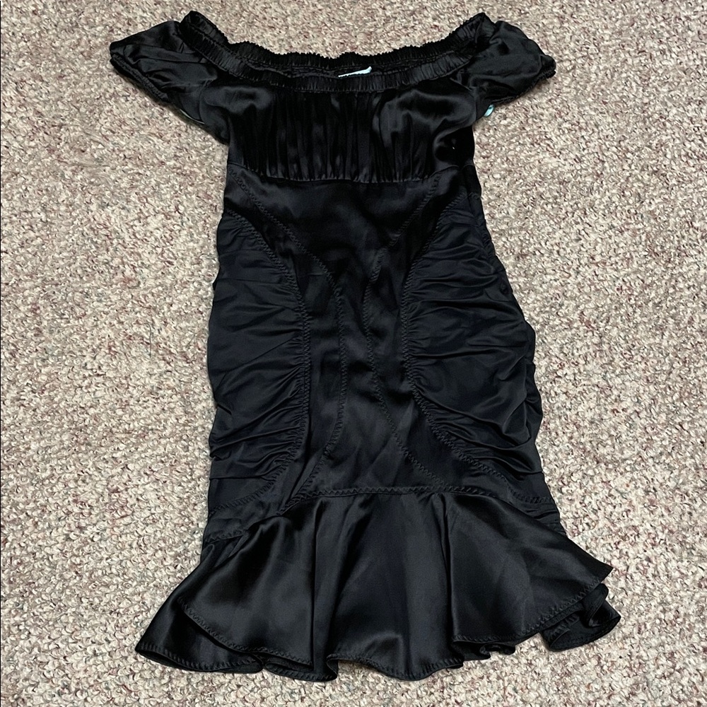 Marciano pure silk Black Off-Shoulder Dress with rutched flared skirt